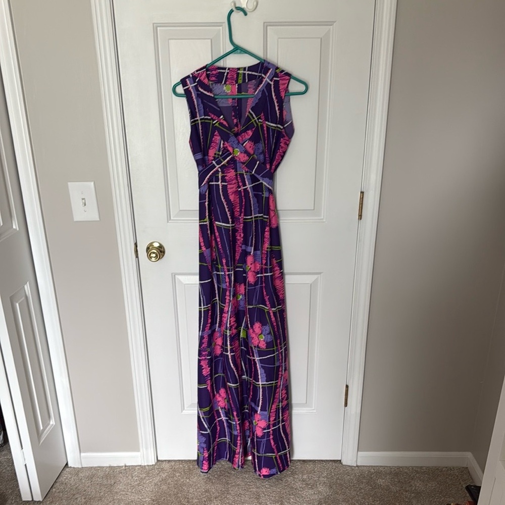 Vintage 1960’s - 70’s Abstract Purple and Pink Maxi Dress